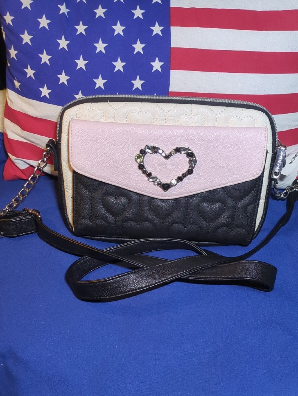 Betsey Johnson Pink, Black & Cream Heart Accent Quilted Crossbody Bag